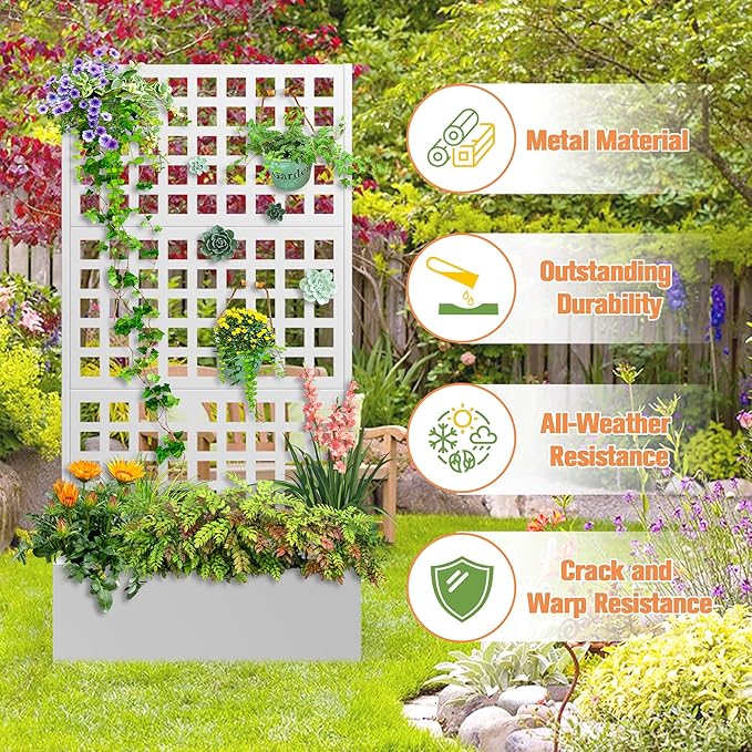Metal Planter Box with Trellis &amp Wheels Raised Garden Bed with Privacy Screen Outdoor Standing Flower Beds with Drainage Hole for Climbing Plants Vine 35 Lx16 Wx71 H
