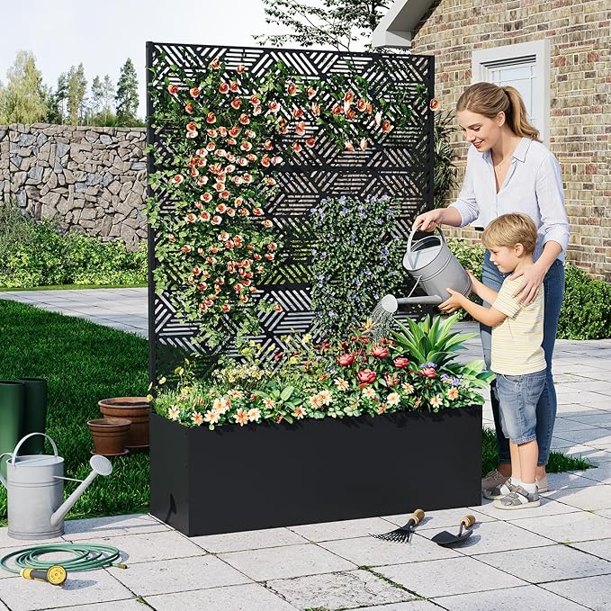 Metal Planter Box with Trellis 47X16X71 Raised Garden Bed Without Wheels Galvanized Metal Privacy Screen for Climbing Plants Vegetables Vines Patio Planters with Drainage Holes 16 Deep Bed