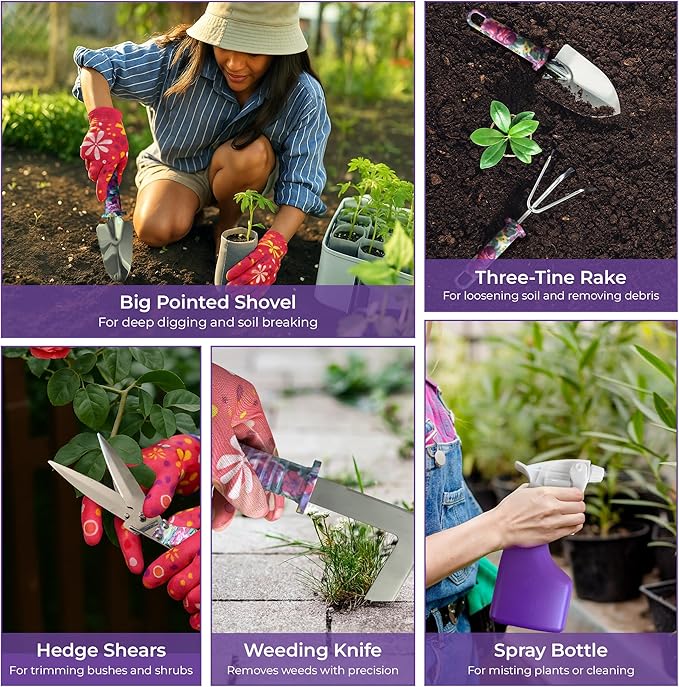 12-Piece Gardening Tools Set – Rust-Resistant Stainless Steel Hand Tools with Ergonomic Floral Handles &amp Carry Case Includes Folding Shovel &amp Gloves – Perfect Gardening Kit for Women &amp Be