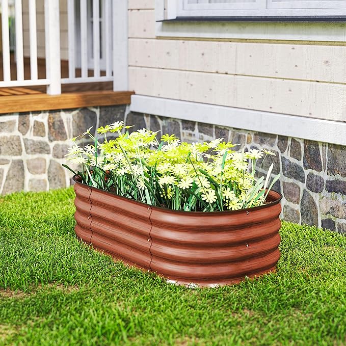 Outsunny 3.5' x 2' x 1' Galvanized Raised Garden Bed Kit Outdoor Metal Elevated Planter Box with Safety Edging Easy DIY Stock Tank for Growing Flowers Herbs &amp Vegetables Brown