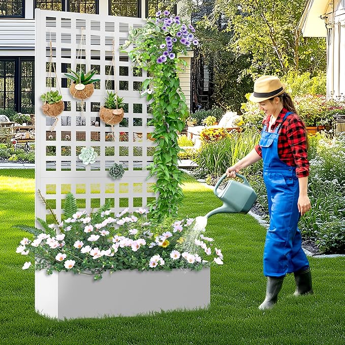 Metal Planter Box with Trellis Raised Garder Bed with Drainage Hole Outdoor Privacy Screen &amp Trellis for Climbing Plants Plant Stands 35''L×16''W×71''H White