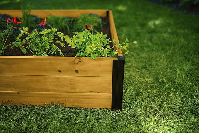 Vita Mezza 4 Foot x 4 Foot x 11 inch Cedar Wood Modular Garden Bed with Black Aluminum Posts FSC Woodgrain Golden Brown Pre-Stained VT17703