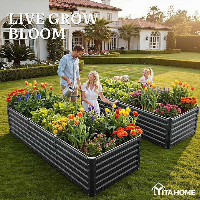 YITAHOME 96x48x24 in Galvanized Raised Garden Bed Kit Large Metal Planter Box with Gloves Safety Rubber &amp Support Rod Outdoor Flower Bed for Plants Vegetables Black