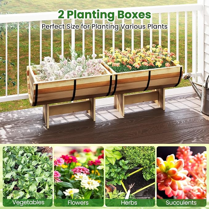 Giantex Set of 2 Half Barrel Raised Garden Bed Acacia Wood Planter Box for Flower Vegetable Fruit Outdoor Indoor Plant Pot with Legs for Garden Decoration 18x12x11.5