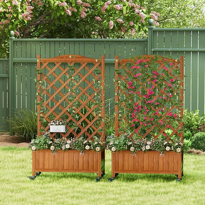 Upgraded 2-Pack 50 Tall Trellis Planter Box with Wheels 49.8H × 27.6W × 13.0D Solid Fir Wood Raised Garden Bed &amp Lattice Privacy Screen Rolling Planter with Drainage for Patio/Garden