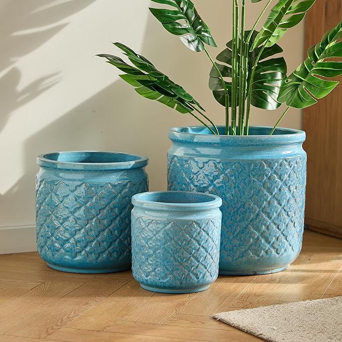 Handmade Ceramic Flower Pot Set of 3 15129 Inch Diameter Blue with Geometric Pattern for Orchids IndoorOutdoor Use on Windowsill Bookshelf Breathable Clay
