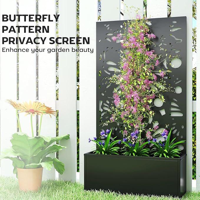 Outsunny Metal Raised Garden Bed with Trellis for Climbing Plants Freestanding or Wall Mounted Flower Bed with Privacy Panel Butterfly Cut-Out Outdoor Planter Box for Garden Patio Balcony