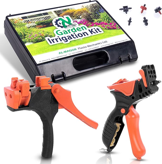 Al-Magor Garden Irrigation Kit: Complete Set for Installing Inserting Sprinklers Drippers in PE Tube Pipes with Tools Plugs Connectors and Case