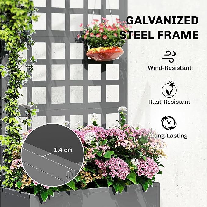 Outsunny Galvanized Raised Garden Bed with Trellis Metal Planter Box with Drainage Holes Outdoor Privacy Screen for Climbing Plants Vegetable Vines 24 x 9 x 44.5 Gray