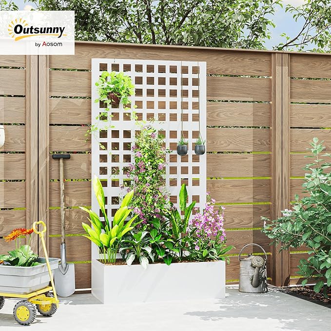 Outsunny Galvanized Raised Garden Bed with Trellis Metal Planter Box with Drainage Holes Outdoor Privacy Screen for Climbing Plants Vegetable Vines 35 x 16 x 70 White