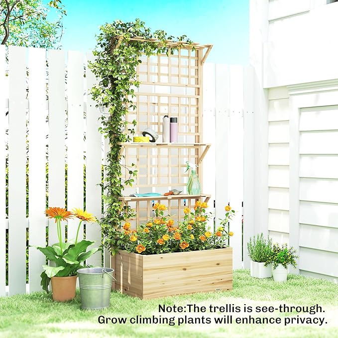 Outsunny Wooden Raised Garden Bed with Trellis and Roof Elevated Outdoor Planter Box with 2 Shelves Drainage Hole and Liner for Climbing Plants Vegetables Flowers Natural