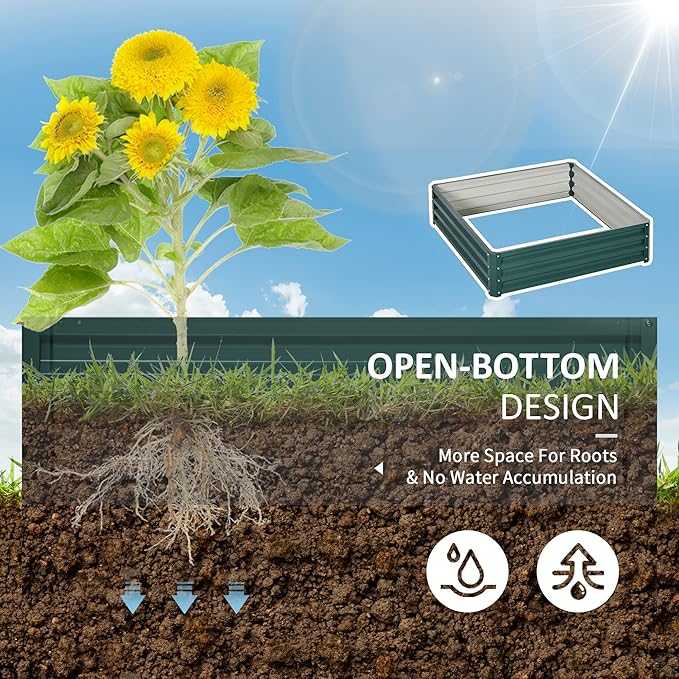Galvanized Raised Garden Bed 4' x 4' x 1' Metal Planter Box for Vegetables Flowers Herbs Succulents with Open Bottom and Weather-Resistant Coating Green