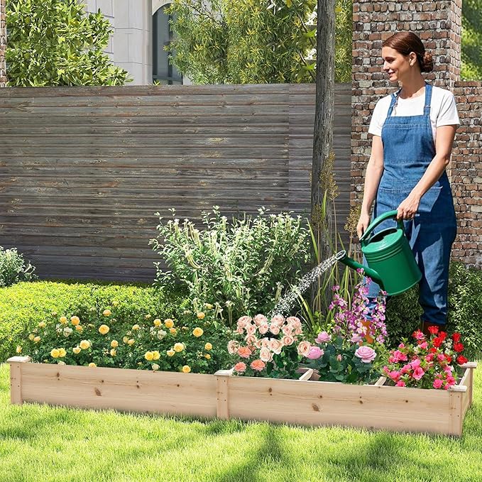 HAPPYGRILL Raised Garden Bed Wooden Planter Raised Bed w/2 Garden Boxes 7 Compartments DIY Painting Available Elevated Planter Box for Patio Garden Backyard Lawn Gardening 90” x 25” x 10”