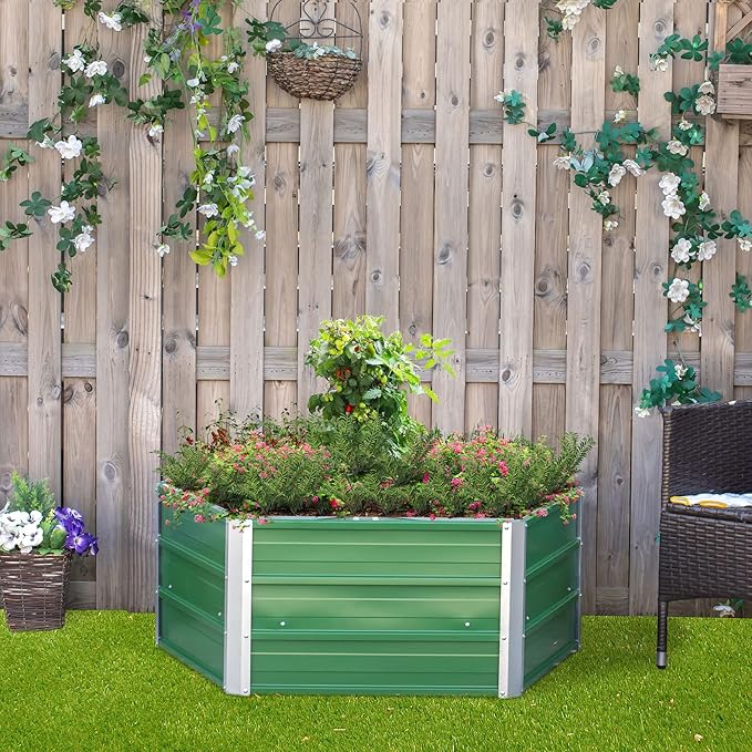 40'' x 16'' Hexagon Metal Raised Garden Bed Elevated Large Corrugated Galvanized Steel Planter Box w/Install Gloves for Backyard Patio to Grow Vegetables Herbs and Flowers Green