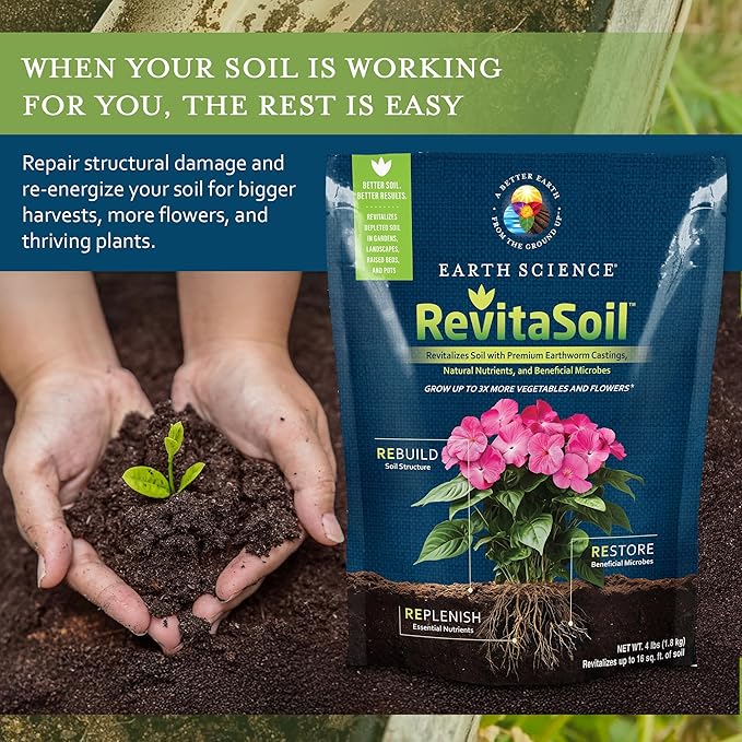 Earth Science RevitaSoil 4 lb - Organic Soil Revitalizer - Earthworm Castings (Worm Castings) Plus Natural Nutrients &amp Biology - Grow 3X More Amendment for Gardens Potted Plants Raised Garden