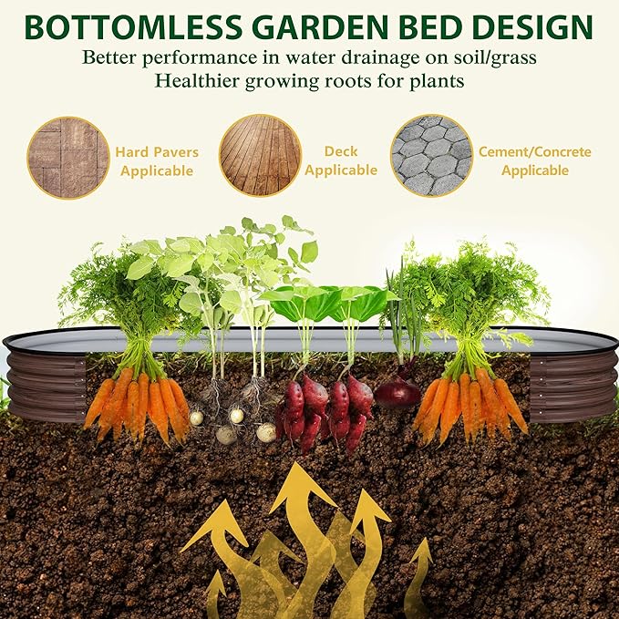 MUPATER 8x2x1 ft Raised Garden Bed Outdoor for Vegetables 9-in-1 Galvanized Metal Planter Box 11.1'' H Modular Garden Bed Kit Oval for Herbs and Flowers Rustic