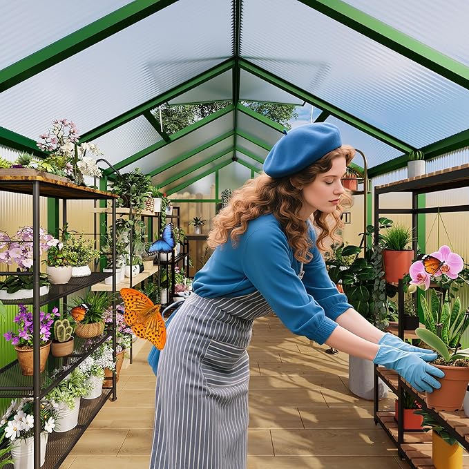 6X6 FT Greenhouse for Outdoors Large Walk-in Polycarbonate Greenhouse Kit Aluminum Frame Lockable Door Roof Vent Ground Spikes for Garden Patio Backyard Outdoor Plant Growth