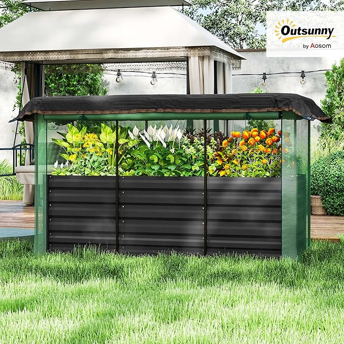 Outsunny 5.9 x 2 x 1.9 ft Galvanized Raised Garden Bed with Crop Cage Plant Protection Net and Shade Cloth Roof Metal Planter Box with Cover for Vegetables Flowers Herbs Dark Gray