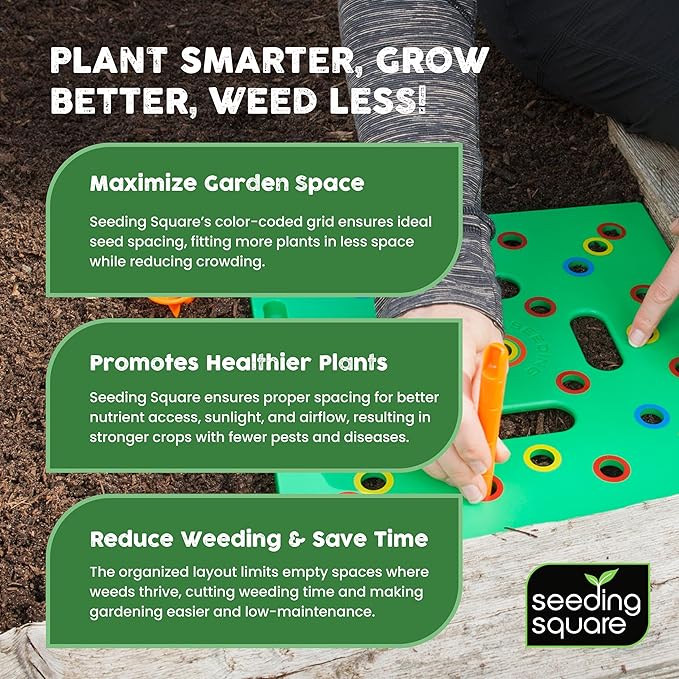 Seeding Square - Patented Seed and Seedling Spacer Tool for Bigger Harvests Organized Plants &amp Fewer Weeds – Color-Coded Gardening Template with Dibber Seed Spoon Ruler &amp Planting Guide