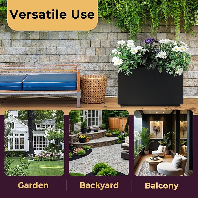 16-Inch Tall Metal Planter Raised Garden Bed 26Wx10Dx16H Planter Box for Plants Vegetables &amp Vines Features Drainage Holes &amp Adjustable Feet Easy Assembly Black