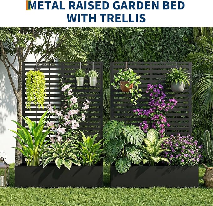 Metal Raised Garden Bed with Trellis &amp Privacy Screen 71.5x47x16 Galvanized Metal Planter Box with Wheels &amp Drainage Holes for Patio Balcony Climbing Plants Flowers Vegetable Black