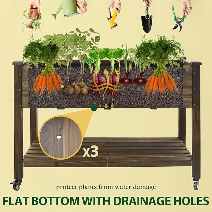 VEIKOU 48x24x33in Cedar Raised Garden Bed Planter Raised Beds with Lockable Wheels Storage Shelf Raised Garden Beds Outdoor for Backyard Patio Balcony Rustic