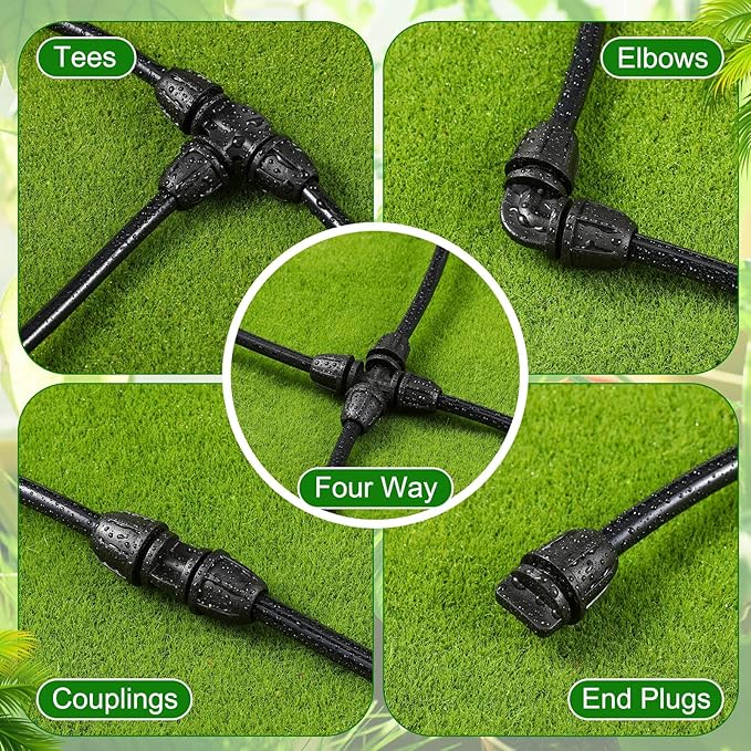 225 Pcs 1/4 Inch Tubing Irrigation Fittings Kit Locked Barbed Connectors Drip Irrigation Kit for 1/4 Inch Pipe (75 Couplings 75 Tees 30 Elbows 30 End Plugs 15 Four Way)