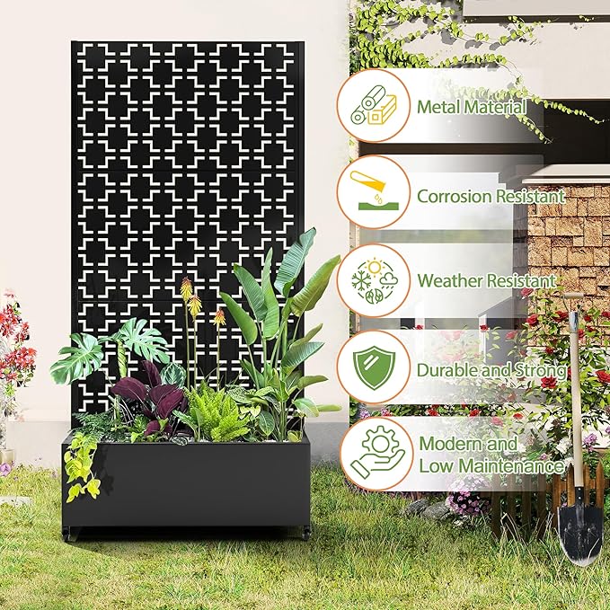 Raised Garden Bed with Trellis and Wheels73x35x16 Metal Raised Garden BedBlack Squared Metal Planter with Climbing Trellis for Vines &amp Vegetables