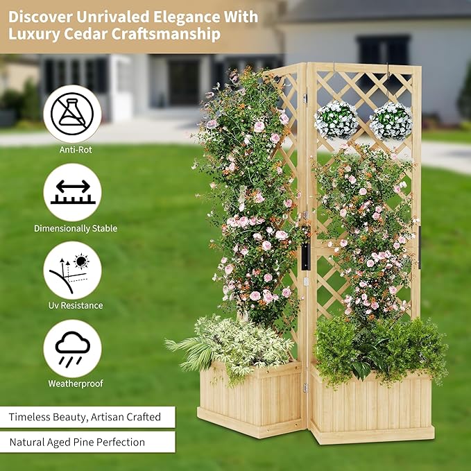 65IN Tall Wood Planter with Trellis 2 in 1 Freestanding Outdoor Wood Slanted Trellis and Raised Bed Wooden Privacy Screens Garden Beds for Climbing Plants