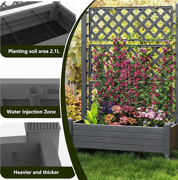 Elevated Raised Garden Bed with Trellis 21 Gallon Self-Watering Outdoor Resin Planter Box with Lockable Wheels Drain Plug &amp Water Monitor for Plants Vegetables Flowers Fruits (Black)