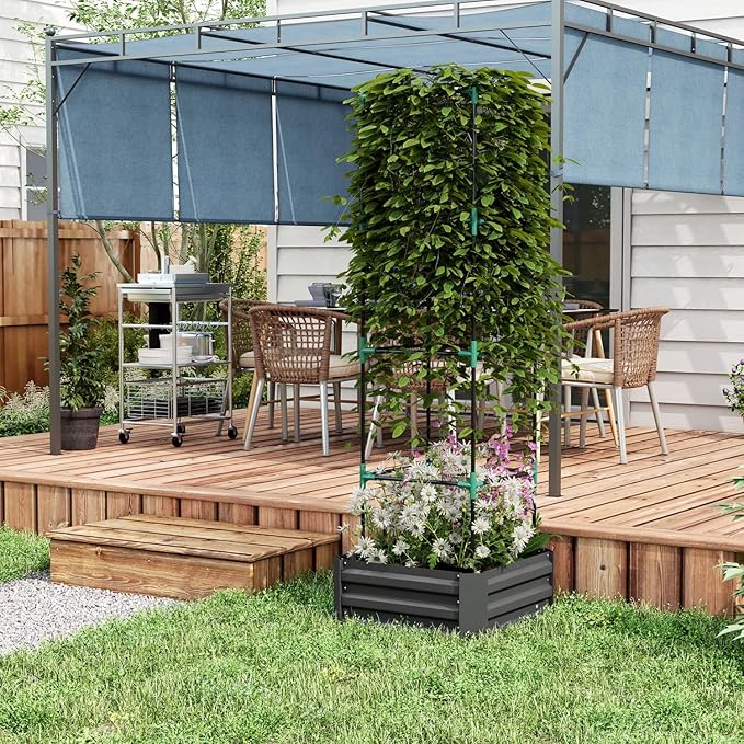 Galvanized Raised Garden Bed Steel Gray Raised Planter with Tomato Cage Backyard Garden Patio Durable Outdoor Planter