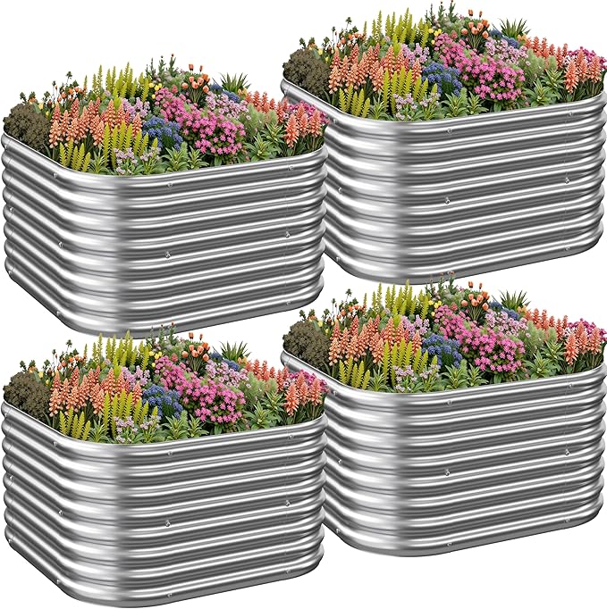 4 Pack 3x3FT Raised Beds for Gardening Corrugated Galvanized Steel Raised Garden Bed Outdoor Metal Above Ground Garden Bed for Vegetables and Flowers-3x3FTx10Inch