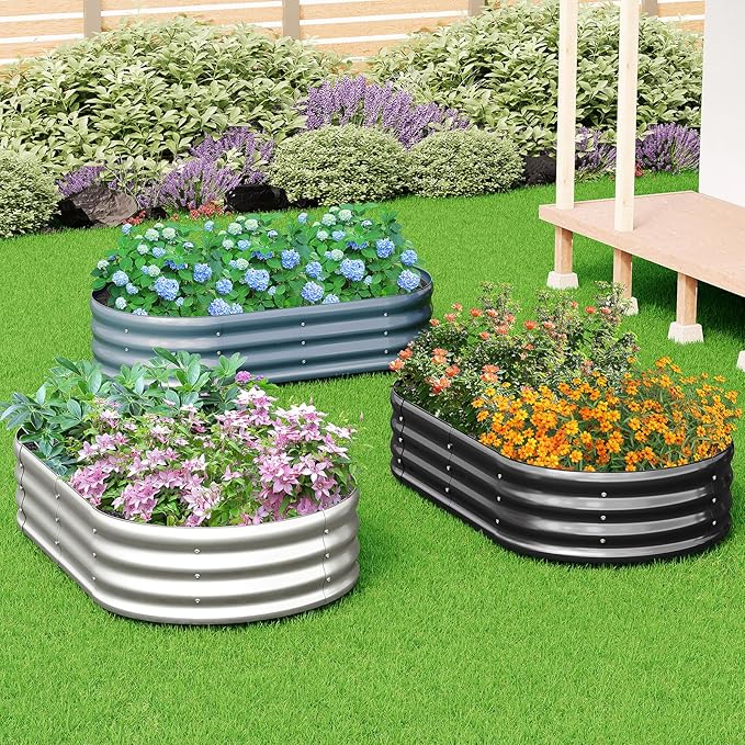 zizin 2 Pack Galvanized Raised Garden Bed Metal Oval Raised Garden Beds Outdoor Planter Box for Vegetables (8x2x1FT Silver)