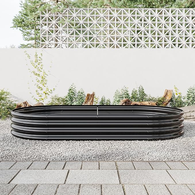 Raised Garden Bed Outdoor Patio Oval Galvanized Planter Raised Garden Bed for Outdoor Gardening Large Metal Garden Box for Plants Vegetables Flowers Black