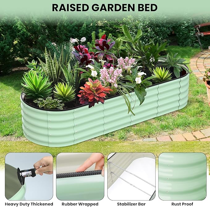 8x2x1 FT Galvanized Raised Beds for Outdoor Oval Raised Garden Bed with Open Base Tool-Free Assembly Planter Raised Boxes for Outdoor Vegetables &amp Flowers Green