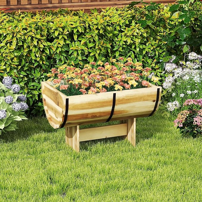 Giantex Half Barrel Raised Garden Bed Acacia Wood Planter Box for Flower Vegetable Fruit Outdoor Indoor Plant Pot with Legs for Garden Decoration18x12x11.5
