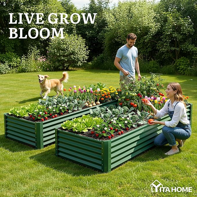 YITAHOME 6x3x1.5 ft Galvanized Raised Garden Bed Kit Large Metal Planter Box with Gloves &amp Support Rod Outdoor Flower Bed for Plants Vegetables Green