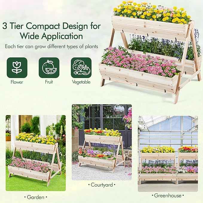 Yaheetech 44 x 36.5 x 35.5 Wooden Raised Garden Bed with Legs 3 Tiers Raised Garden Beds Outdoor Elevated Planter Boxs Outdoor for Flowers Vegetables Herbs 1pc