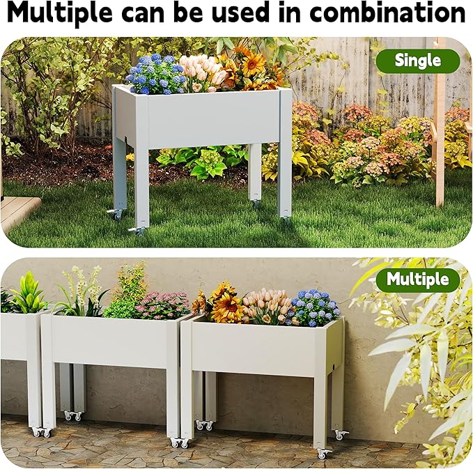 14 Gallon Raised Garden Bed with Wheels and Legs for Mobility Self-Watering Raised Planter Box with Drainage Plug and Gauge Durable Dust-Proof Resin for Garden Patio Balcony and Backyard