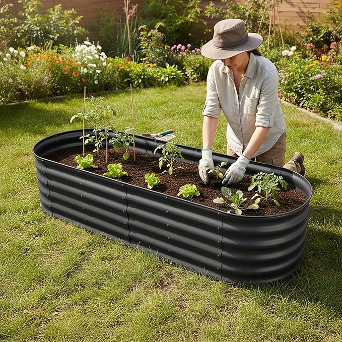 Relaxdays Raised Bed Galvanised Metal for Flowers Plants and Vegetables H x D: 45 x 200 x 60 cm Oval Plant Bed Anthracite