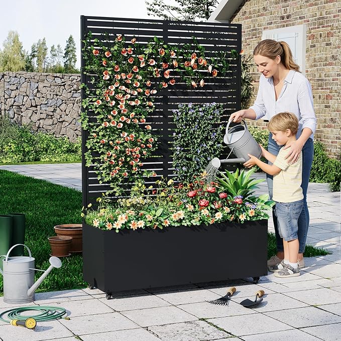 Metal Planter Box with Trellis 47X16X71 Raised Garden Bed w/Wheels Galvanized Metal Privacy Screen for Climbing Plants Vegetables Vines Patio Planters with Drainage Holes 16 Deep Bed