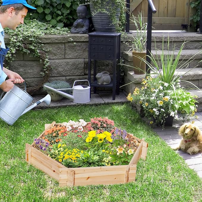Wooden Raised Garden Bed Hexagon Screwless Planter for Outdoor Plants Vegetables Flowers Herbs 39 x 36 x 6 Natural Wood