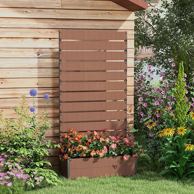 Outsunny Raised Garden Bed with Trellis for Climbing Plants Planter Box with Self Draining Gap Freestanding Trellis Planter for Outdoor Patio Deck 35.75 x 15 x 70.75 Light Brown
