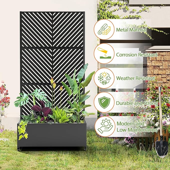 Raised Garden Bed with Trellis and Wheels73x35x16 Metal Raised Garden BedBlack Parallel Metal Planter with Climbing Trellis for Vines &amp Vegetables