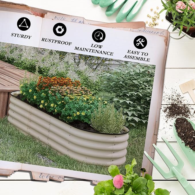 6.5' x 2' x 1.4' Galvanized Raised Garden Bed Kit Outdoor Metal Elevated Planter Box with Safety Edging Easy DIY Stock Tank for Growing Flowers Herbs Vegetables Cream