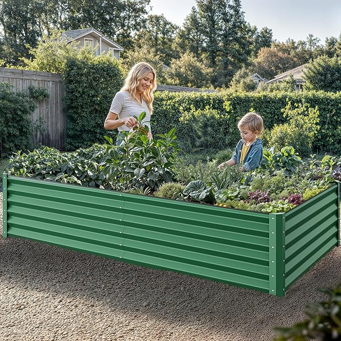 YITAHOME 2pcs 8x4x1.5 in Galvanized Raised Garden Bed Kit Large Metal Planter Box with Gloves Safety Rubber &amp Support Rod Outdoor Flower Bed for Plants Vegetables Green
