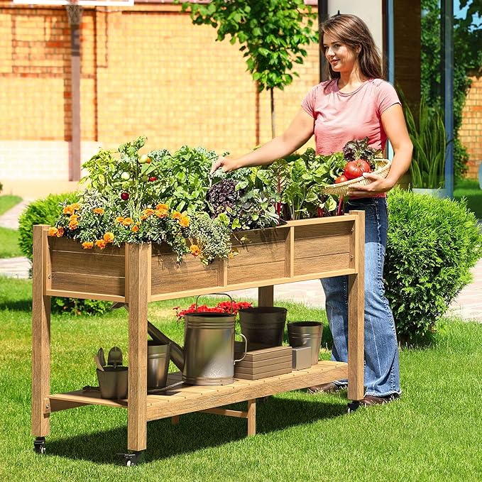 DWVO 47x18x31in Raised Garden Bed Outdoor HDPE with Legs and Lockable Wheels Weather-Resistant Poly-Wood Elevated Planter Box Herb Garden Bed for Backyard Patio Balcony Brown