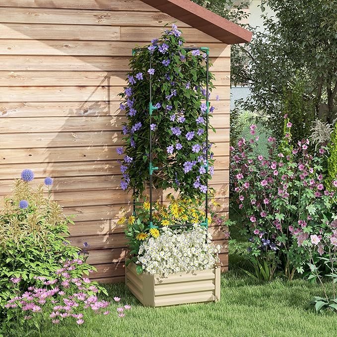 Outsunny Galvanized Raised Garden Bed 73.5 Tall Outdoor Planter Box with Trellis Tomato Cage and Open Bottom for Climbing Vines Vegetables Flowers in Backyard Garden Patio Cream