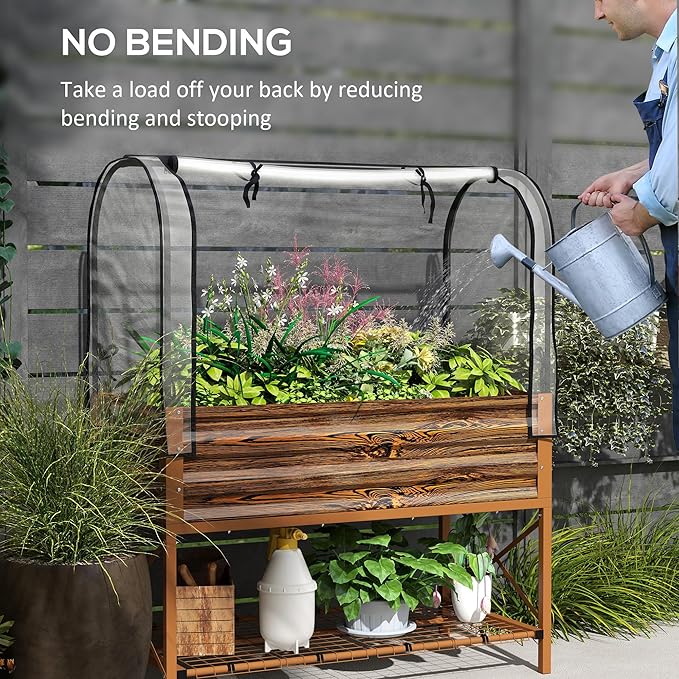 Outsunny Raised Garden Bed with Cover and Storage Shelf Rectangular Metal Elevated Planter Box with Legs and Bed Liner for Vegetables Flowers Herbs Dark Brown