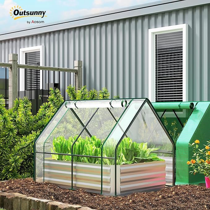 Outsunny 4 x 3 x 3ft Raised Garden Bed with Mini Greenhouse Galvanized Raised Garden Bed with Cover for Herbs and Vegetables Small Greenhouse for Patio Garden Balcony Clear and Gray
